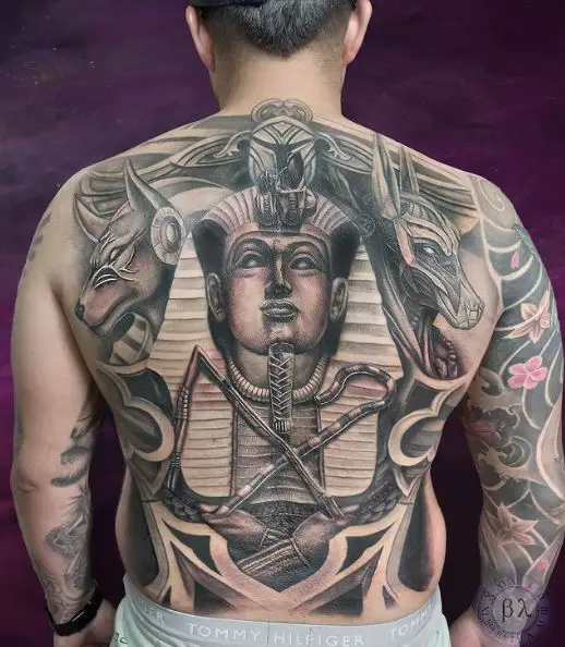 Egyptian Theme Anubis Back Tattoo Piece