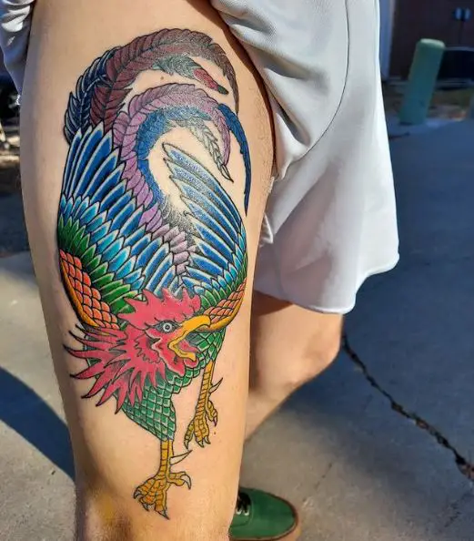 Fighting Rooster Thigh Tattoo Piece