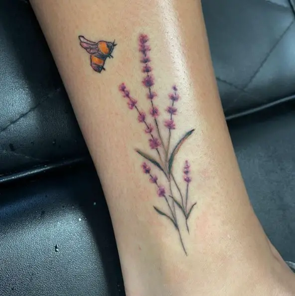 Fine Line Lavender Floral and Bumble Bee Tattoo