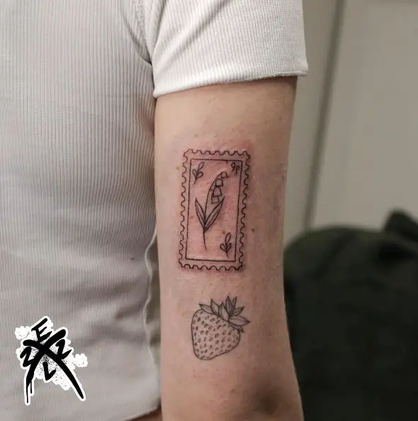 Fine Line Lily of the Valley Inside a Stamp Tattoo Design