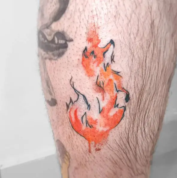 Flaming Fox Tattoo on the Leg