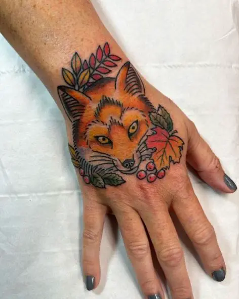 Floral Fox Head Tattoo On Hands