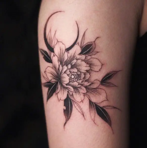 Flower and Crescent Moon Arm Tattoo