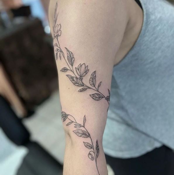 Flowers and Leaves Vine Arm Wrap Tattoo