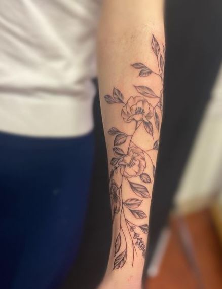 Flowers and Leaves Vine Forearm Tattoo