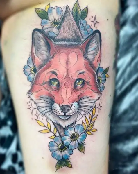 Fox Face with Blue Flowers Tattoo on the Back of the Thigh