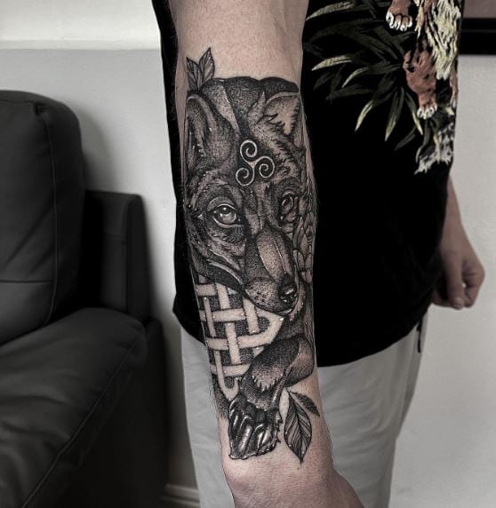 Fox with Some Celtic Pattern Sleeve Tattoo