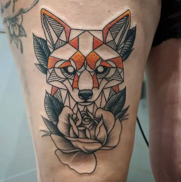 Geometric Fox and Stipple Rose Tattoo