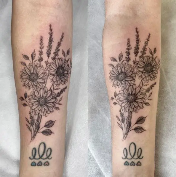 Gerber Daisies and Lavender Bouquet Tattoo
