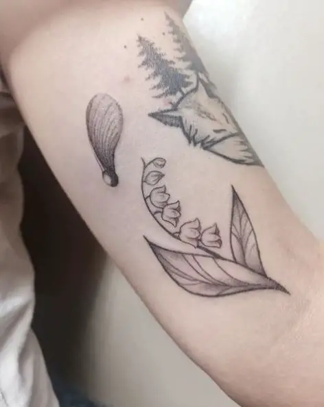 Grayscale Lily of the Valley and Maple Seed Tattoo