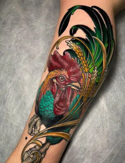 Green Feather Rooster Leg Tattoo
