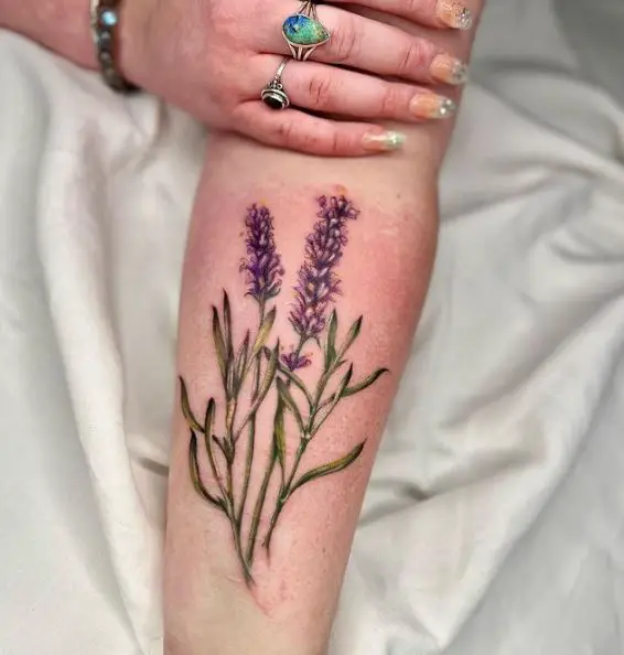 Green Leaves and Purple Flowers Forearm Tattoo