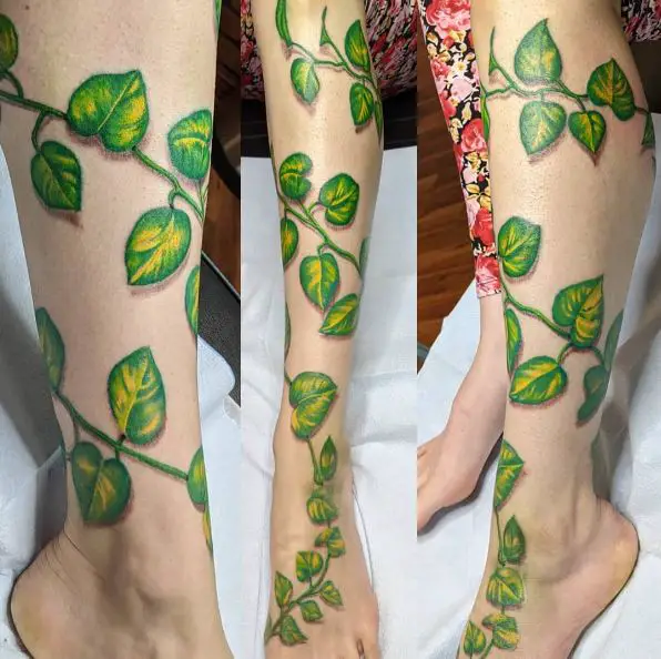 Green and Yellow Leafy Vine Tattoo on Legs