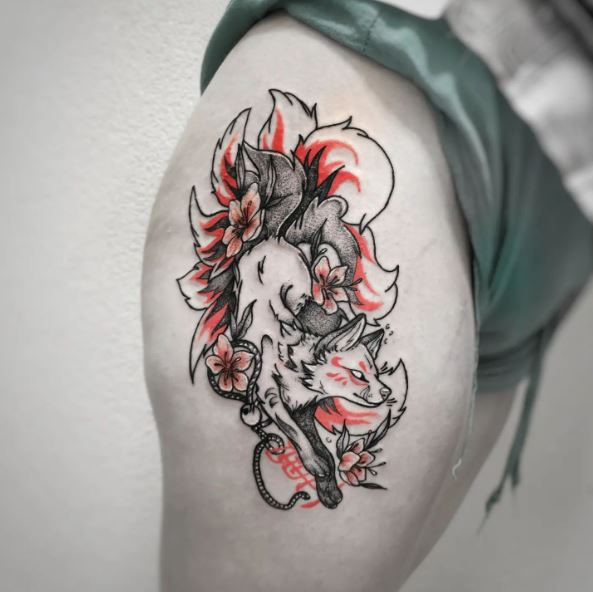 Grey Japanese Fox with Colored Flowers Tattoo on Thigh