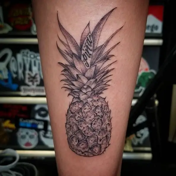 Grey Pineapple Text Tattoo