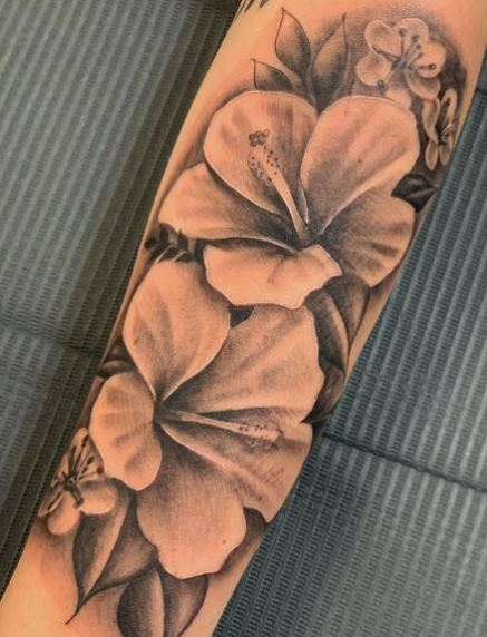 Greyscale Hibiscus Flower Forearm Tattoo