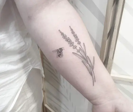Greyscale Lavender and Bee Forearm Tattoo