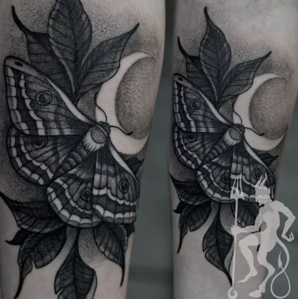 Greyscale Moth and Crescent Moon Tattoo