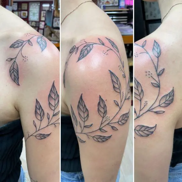 Greyscale Vine Leaves Shoulder Wraparound Tattoo