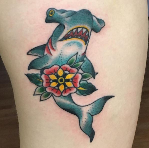 Hammerhead Shark with Flowers Tattoo Piece
