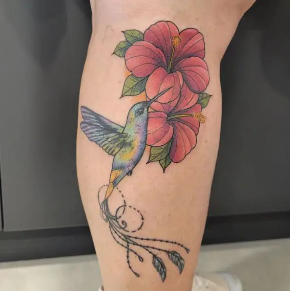 Hibiscus Flower with a Hummingbird Calf Tattoo