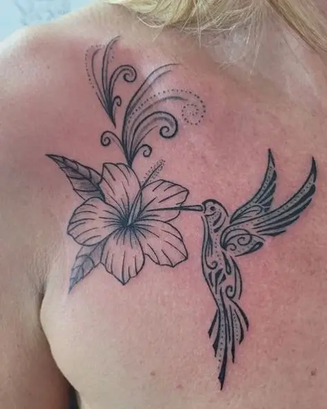 Hibiscus Flower with a Hummingbird Line Work Tattoo