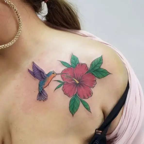 Hibiscus Flower with a Hummingbird Shoulder Tattoo