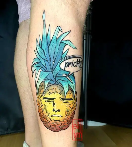 Human Face Pineapple Leg Tattoo