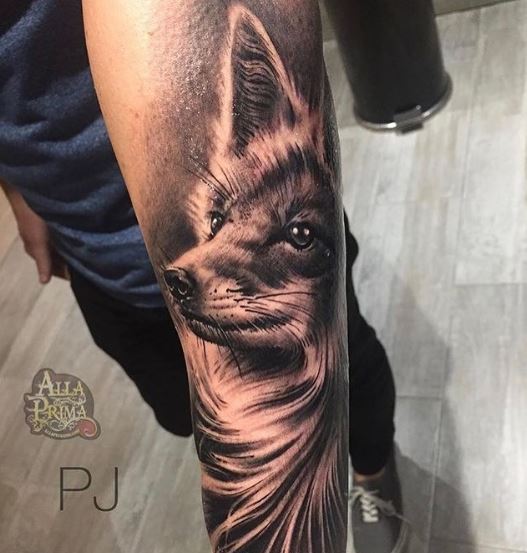 Incredible Black and Grey Fox Tattoo Piece