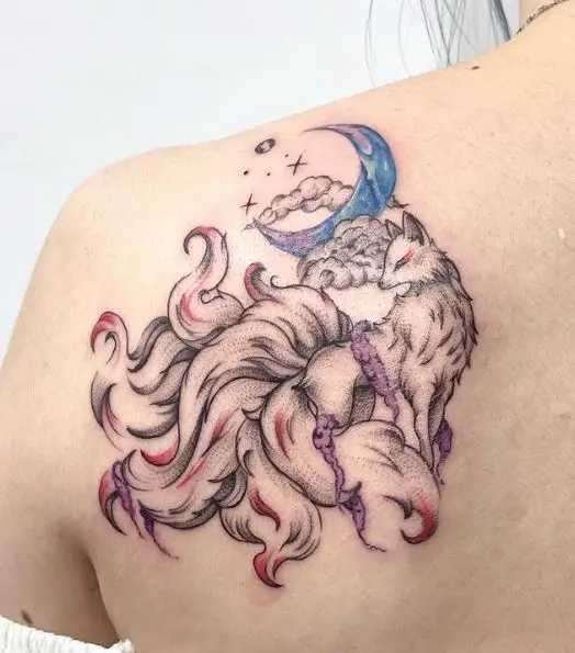 Japanese Fox with Moon and Sparks Tattoo Art