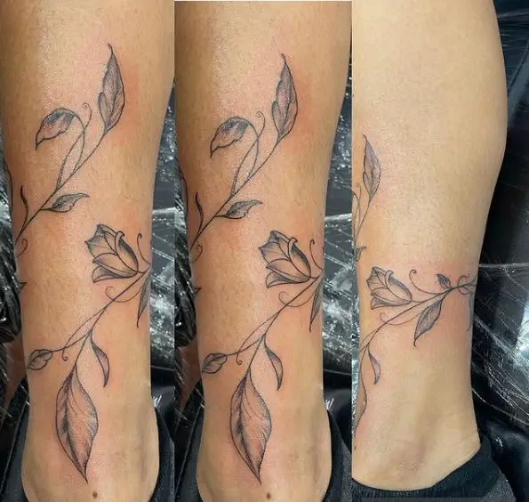 Leaves and Flowers Vine Leg Tattoo