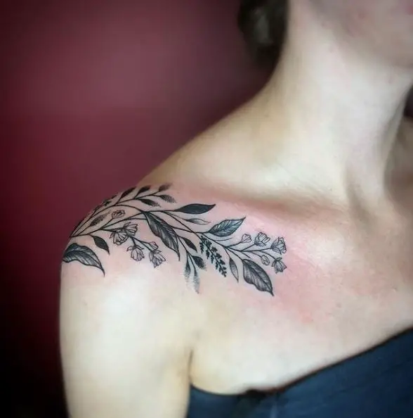 Leaves and Flowers Vine Tattoo On Shoulders