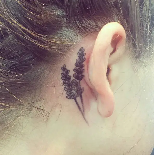 Mini Black and Grey Lavender Tattoo Behind the Ear