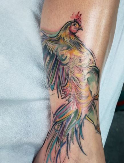 Multicolored Fighting Rooster Tattoo