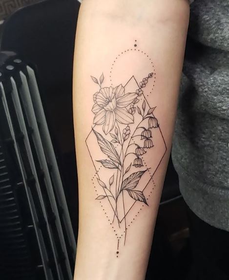 Narcissus Flower and Lily of the Valley Linework Tattoo