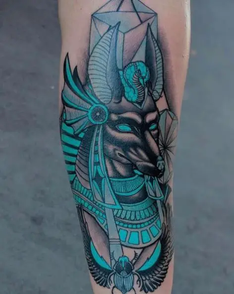 Neon Blue Neo Traditional Anubis Tattoo Design
