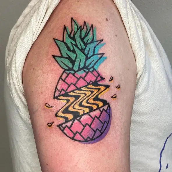 Neon Blue and Purple Cut Pineapple Tattoo