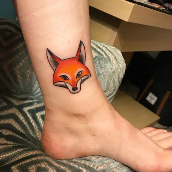 Orange Fox Face Tattoo on the Ankle