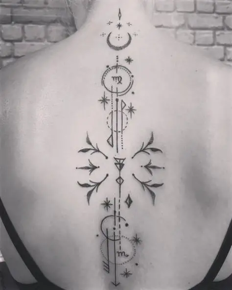 Ornamental Back Tattoo with Dots and Lines
