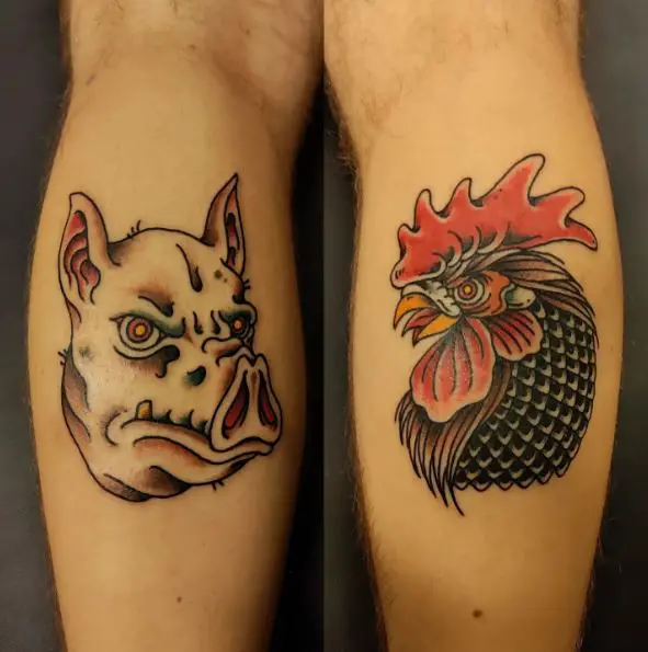 Pig and Rooster Calf Tattoo Piece