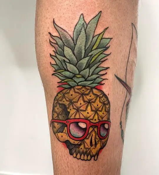 Pineapple Skull with Red Glasses Tattoo Design