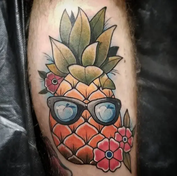 Pineapple Tattoo with Flowers and Peach View Glasses