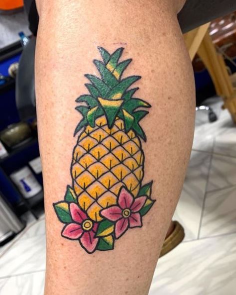 Pineapple and Pink Flower Tattoo