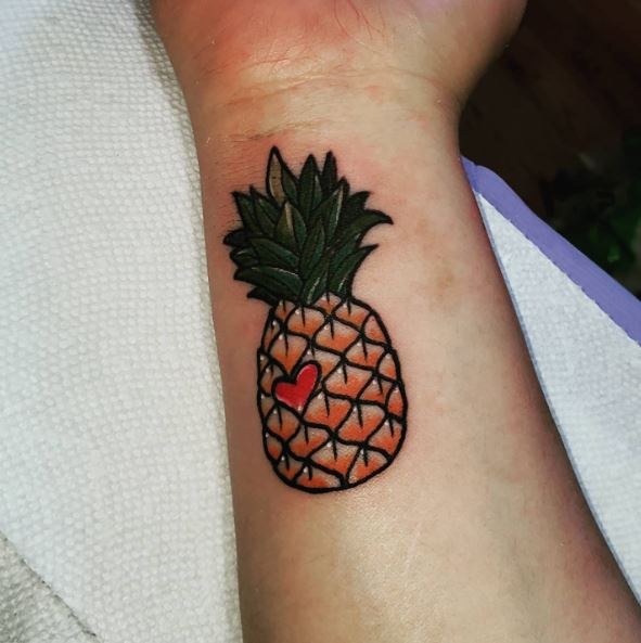 Pineapple and Tiny Red Heart Tattoo