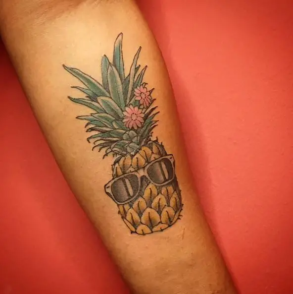 Pineapple with Glasses and Flowers Tattoo