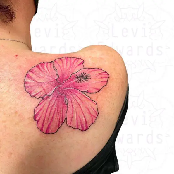 Pink Colored Hibiscus Flower Shoulder Tattoo