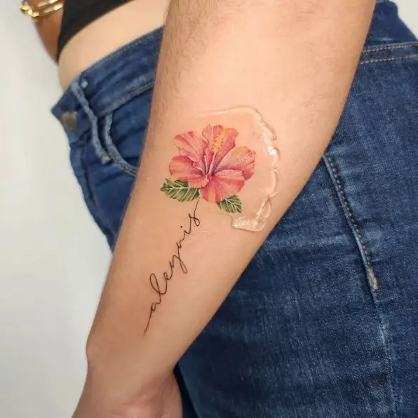 Pink Hibiscus Flower with Text Stem Tattoo Piece