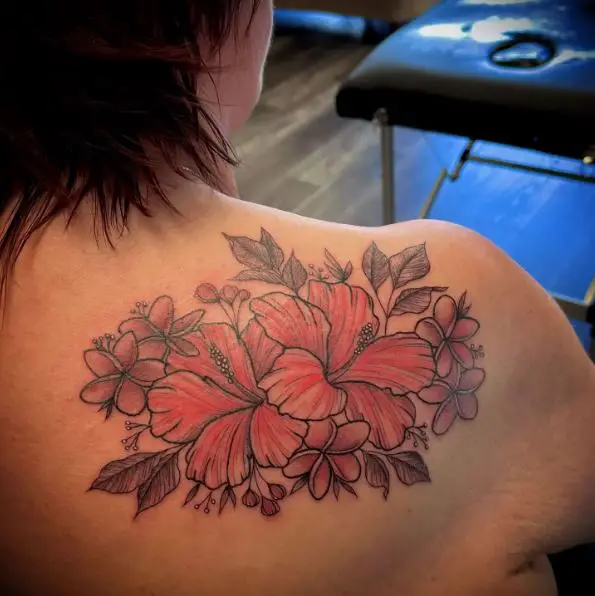 Pink Hibiscus Flowers Shoulder Tattoo