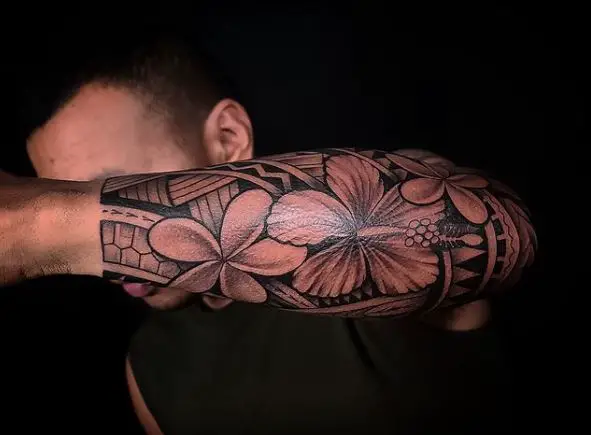 Polynesian Hibiscus Floral Half Sleeve Tattoo
