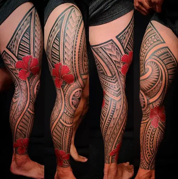 Polynesian Red Hibiscus Leg Tattoo Piece